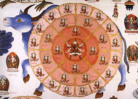 Bull of the 11th month with lotus and deities; from www.tibetdomani.com